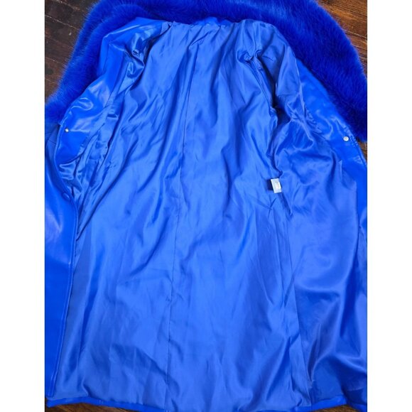 Y2K Does 70s Bright Blue Faux Leather Penny Lane Coat Belted - Picture 11 of 16